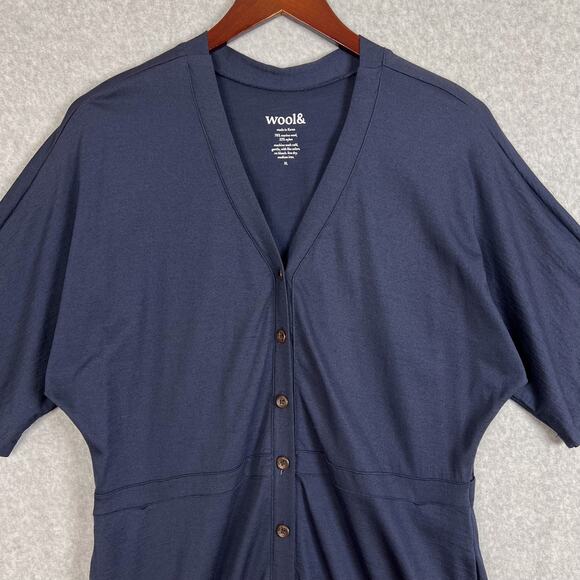 Wool& Wooland Navy Blue Amalya V Neck Button Front Dress Pockets Size XL - Picture 2 of 12